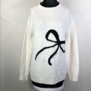 Pink Lily Sweater Beige Knit Black Bow Crewneck Long Sleeves Size XS